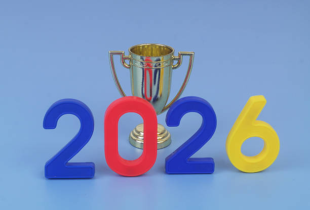 istock Gold trophy champion cup and numbers 2026 on blue background. 2250904011