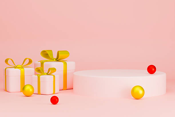 istock Empty 3D studio podium with gifts for holiday product display on pink background 2250905413