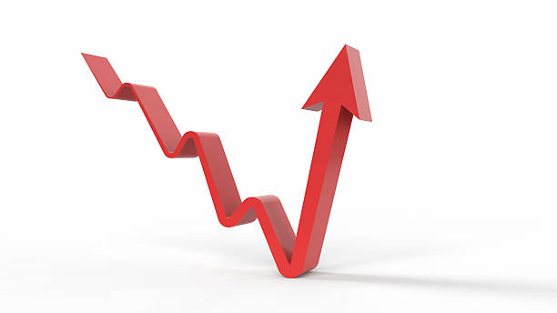 Front view of three dimensional rebounding upward up red arrow after downward trend with creative modern 3D gray colour grayscale with shadow against white background with copy space for stock market recovery rebound, profits and loss fluctuations, price highs lows, fluctuating market boom recession, rise fall in growth.