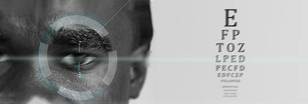 istock Eye exam test featuring a close-up of the eye with vision chart elements and digital overlay in a clinical setting during the daytime 2250910370