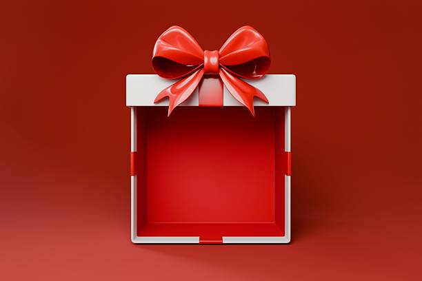 istock Front-facing view of an open white empty gift box with a prominent red  bow sitting on top, set against a monochromatic red background. 2250918429
