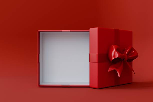istock A striking front view of a detached red gift box lid with a fancy bow and the open empty box with a clean white interior, all on a red surface. 2250918504