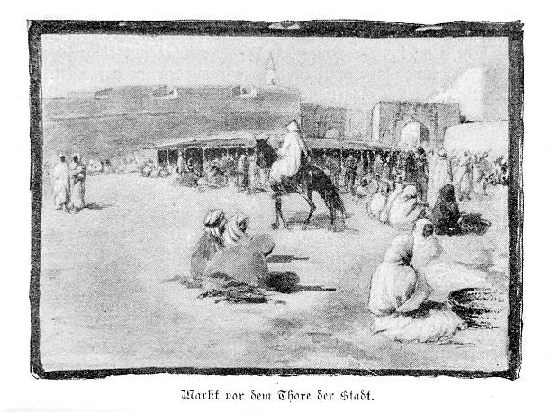 istock usy town square scene outside the city gate Rider dominates the foreground surrounded by huddling market vendors 19th Century Engraving 2250919002