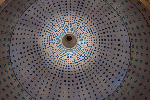 Symmetrical view of an illuminated dome ceiling with geometric patterns inside a basilica, Boulogne-sur-Mer. Architectural detail of a patterned dome interior showcasing perfect radial symmetry.