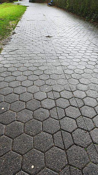 istock Hexagonal paving stones on a wet pathway leading into the distance 2250922472