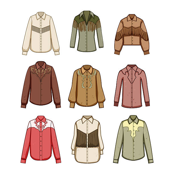 Set of assorted western shirts showcasing various design elements like fringes, pointed yokes, and intricate embroidery, reflecting traditional cowboy and cowgirl fashion and country style