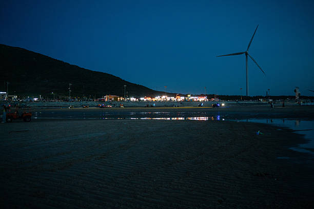 A nighttime scene of a beach featuring a wind turbine and illuminated areas with calm water reflections.