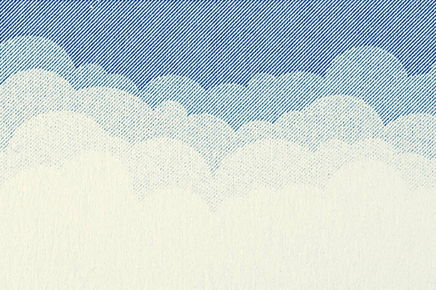 Extreme close-up of a blue halftone sky with stylized cloud layers printed on textured paper, perfect for playful backgrounds, posters, and banners.