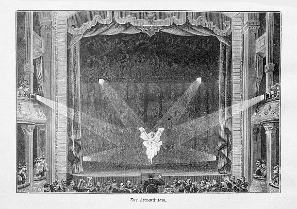 Historical stage illustration depicting a serpentine dance performance in a 19th-century theater, featuring an illuminated central dancer and the orchestra in the foreground