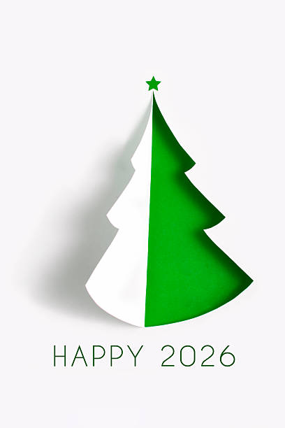 Happy 2026 with green paper Christmas tree
