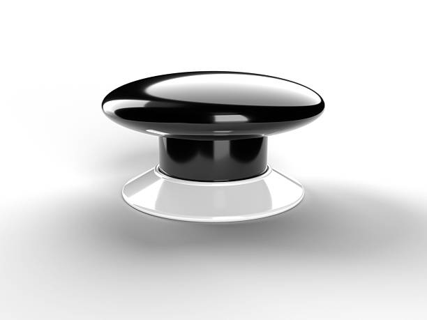 istock Shiny black knob on a glossy pedestal, a modern metallic control element for design 2250949063