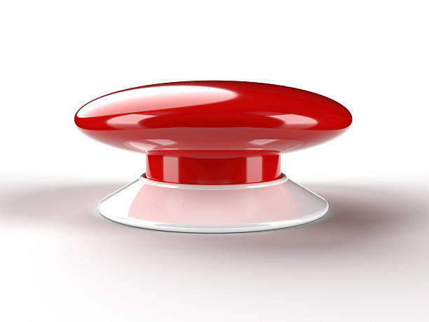 istock Red glossy button on a white pedestal, a sleek studio shot ready for product and concept use 2250949323
