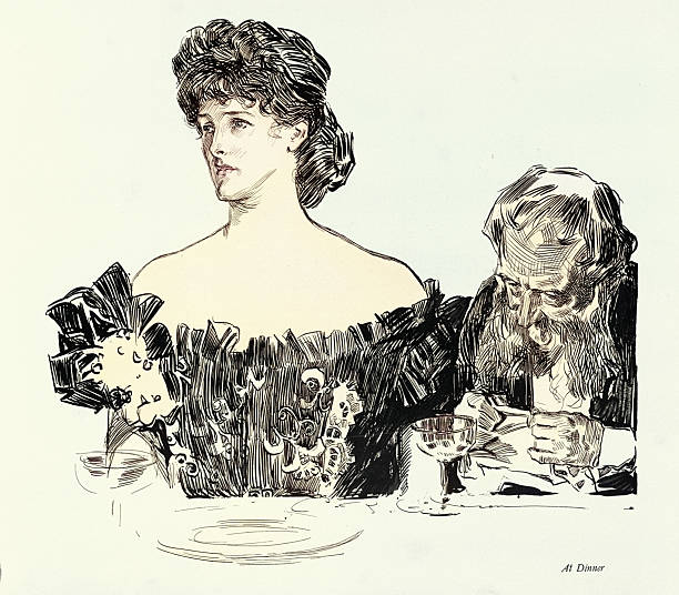 British high Society woman uncomfortable with her dinner partner, Sketches from Victorian London, Charles Dana Gibson, 1890s 19th Century art