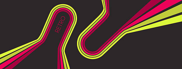 A retro 1970s-style background. Colorful lines. Abstract, dynamic curved ribbons. Designed for posters or banners for sports competitions and races. A collection of vector illustrations.