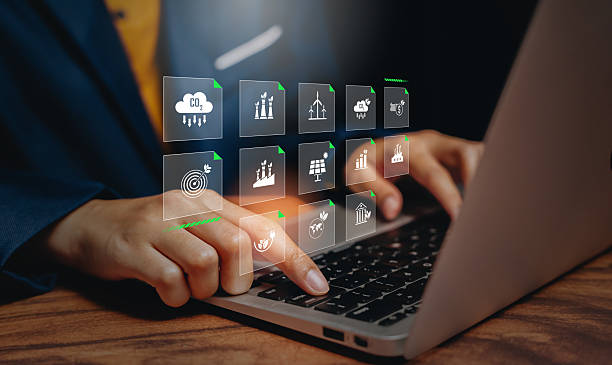 istock Environmental management concept, hand selecting ESG icons with carbon reduction and renewable energy symbols, sustainability planning workflow, operational responsibility. 2250958952