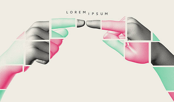 istock The index fingers of both hands reach towards each other. Concept of relationship, unity, partnership or contact. The hands are composed of displaced mosaic fragments. Vector for design. 2250958975