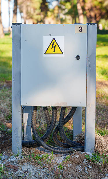 istock Metal power distribution cabinet with warning sign and black cables in park-like setting 2250966924