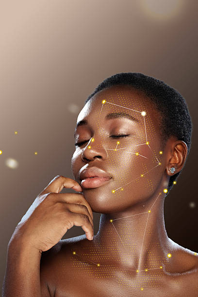 istock Portrait of a woman with glowing constellation patterns on her skin against a soft gradient background 2250967183