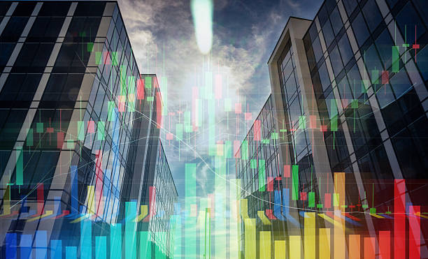 istock Dynamic Stock Market Data Candlestick And Bar Charts Superimposed On Modern Corporate Architecture 2250980674