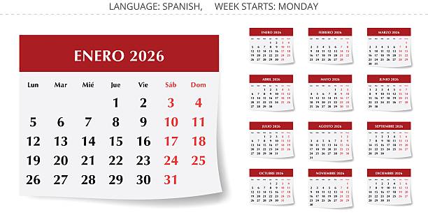 istock 2026 Spanish calendars. Collection of page with shadow vector illustrations for each month year. For Spain 2250990150