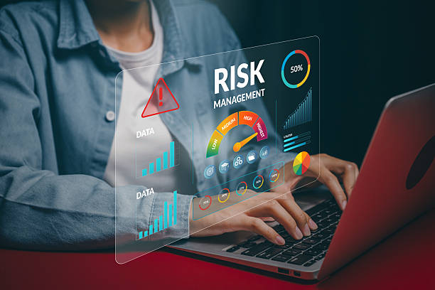istock Operational risk concept, hands typing laptop with digital risk dashboard and alert symbols, performance evaluation workflow, compliance monitoring, decision analysis. 2250995293