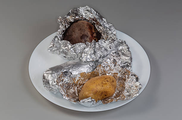 potatoes wrapped in foil, baked, selective focus