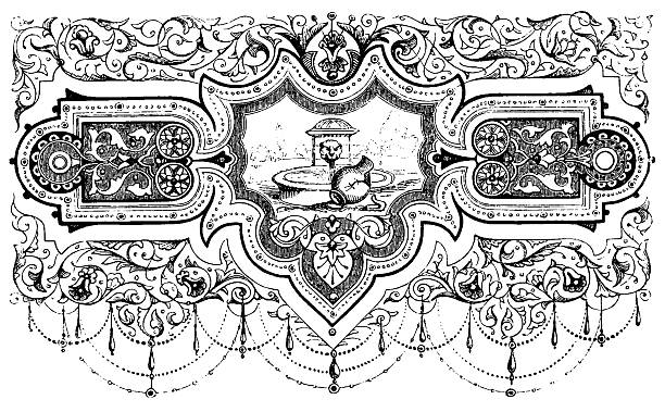 istock Symmetrical decorative composition with central fountain and jug motif surrounded by elaborate floral patterns and scrollwork, showing 19th century ornamental design and neoclassical water symbolism, old vintage illustration, 1845. 2251002981