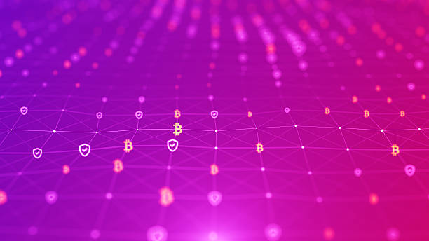 4k Bitcoin and Security icons with Connect the Dots Futuristic digital background. Seamless Loop video. Abstract connections and digital network. Data and communications technology. - 4K Stok video