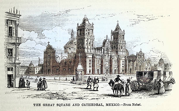 Great Square and Cathedral, Mexico city, Victorian, Vintage illustration 19th century 1870s