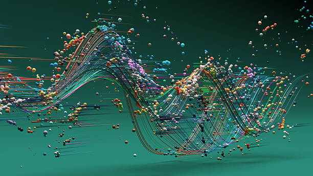 A dynamic, colorful composition of intertwined streams and scattered spheres creates a sense of motion, data flow, and innovation against a teal backdrop. Ideal for technology, science, and futuristic themes.
