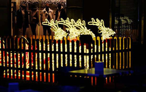 Festive outdoor Christmas display featuring glowing reindeer light decorations placed behind a wooden fence in an urban setting at night. Reflections and storefront mannequins create a vibrant holiday atmosphere, highlighting seasonal decor, warm lights, and city nightlife during the Christmas period.