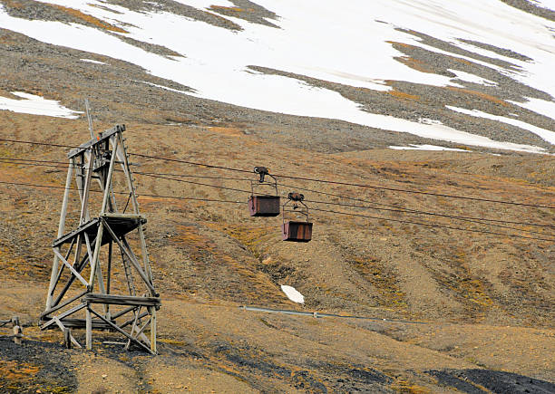 Longyearbyen, Svalbard, Norway: the aerial cableway system, known as Taubanen, was historically the primary infrastructure for transporting extracted coal from the surrounding mountain mines to the shipping port. Originally established in the early 20th century and extensively rebuilt following World War II, the network consists of raised wooden trestles supporting suspended transport buckets (kibbles). While the system is no longer in industrial use, it remains a protected cultural heritage site, standing as a defining visual monument to the archipelago's extensive mining history.