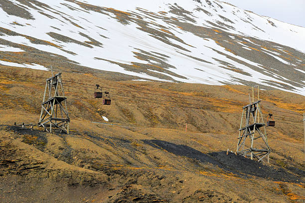 Longyearbyen, Svalbard, Norway: the aerial cableway system, known as Taubanen, was historically the primary infrastructure for transporting extracted coal from the surrounding mountain mines to the shipping port. Originally established in the early 20th century and extensively rebuilt following World War II, the network consists of raised wooden trestles supporting suspended transport buckets (kibbles). While the system is no longer in industrial use, it remains a protected cultural heritage site, standing as a defining visual monument to the archipelago's extensive mining history.