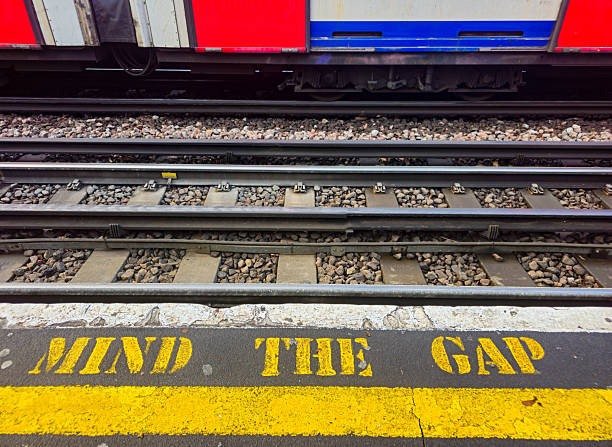 Yellow mind the gap text on a london subway platform with approaching train. Metro station warning sign