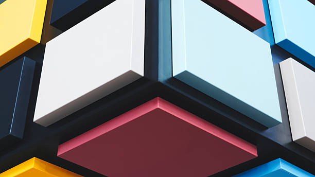 Abstract futuristic background with multi-colored square plates on a large volumetric black cube