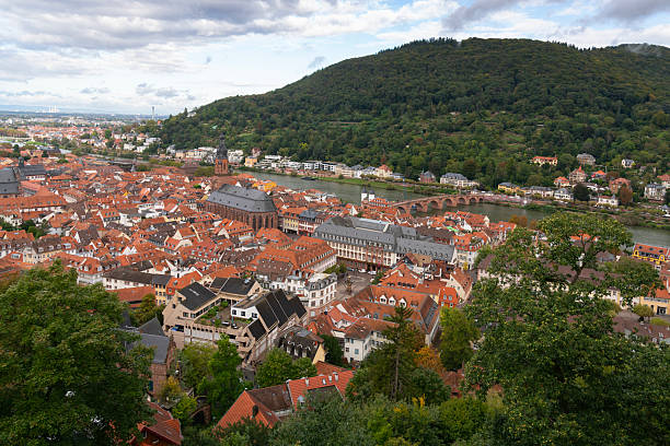 A high angle, view of Heidelberg’s old town and the old bridge over the Neckar River. Heidelberg, Germany.