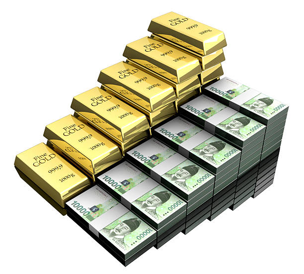 South Korea’s emerging local monetary and precious metal policy. Cash 10000 Won bundles and gold ingots rising step by step on white background. / You can see the animation movie of this image from my iStock video portfolio. Video number: 2251034702