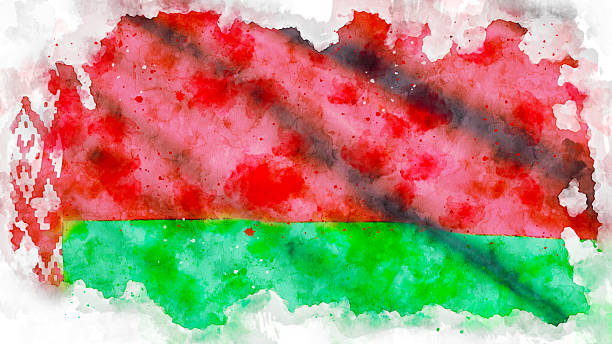 istock Watercolor Belarus flag with red and green bands and decorative left pattern in a textured aquarelle style 2251036984