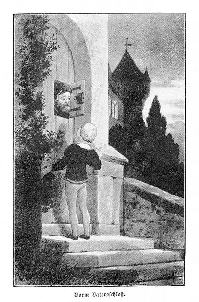 A boy stands at the entrance of a castle and speaks to a gatekeeper through an opened inspection hatch