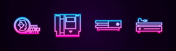 istock Set line Coin for game, Cartridge, Video console and . Glowing neon icon. Vector 2251048334