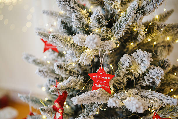 istock Snow covered pine tree branches decorated with warm lights and red ornaments wishing Merry Christmas. 2251059112