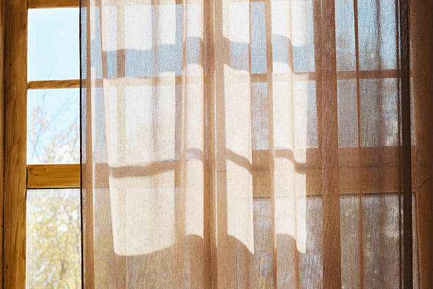 istock Sunlight through sheer curtain on wooden window frames casting soft geometric shadows indoors 2251059154