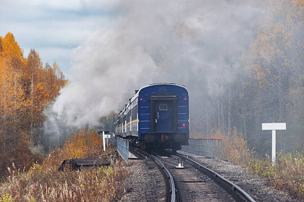 istock Steam retro train moves in the autumn forest. 2251059623