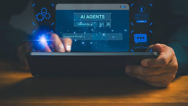 istock Man using a tablet with futuristic interface showing AI agents, live chat, login and idea icons. Concept of artificial intelligence, automation, chatbots, data processing and innovation. 2251061344