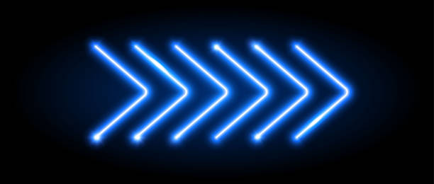 istock Blue neon arrow elements. Blue glowing led direction sign. Shine tube lamps in arrowhead shape. Bright luminous fluorescent pointer effect for banner, poster, logo. Vector neon led lights illustration 2251070158
