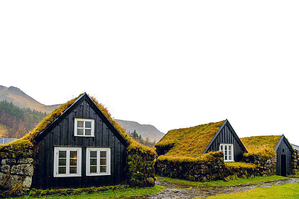 Borgarfjordur Eystri, Iceland June 24, 2025: Traditional grass and stone homes dot the Icelandic landscape along the popular Ring Road travel  route  Iceland.