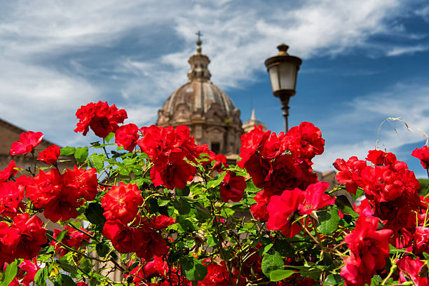 A small balcony with flowers in pots in a medieval building. Rome, Italy