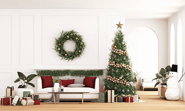 istock Modern living room interior decorated for Christmas with sofa, coffee table, large tree, snowman and wrapped gifts in cozy luxury holiday style. 3d rendering 2251084498