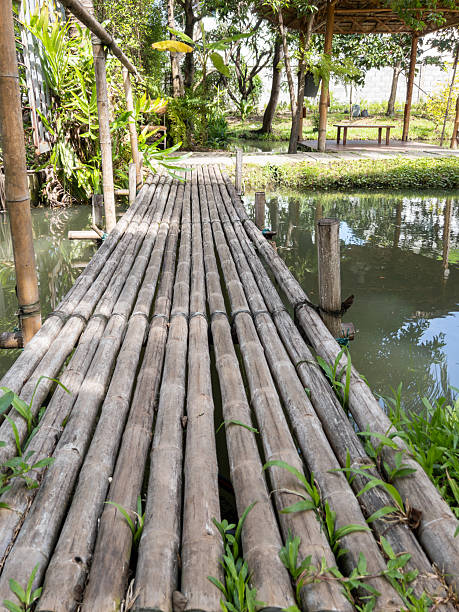 istock Bamboo Bridge Over Clear Water in Tropical Restaurant Garden. 2251087143