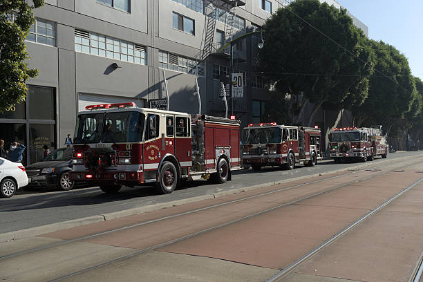 Washington D.C., USA: October 17, 2025: Fire rescue truck responding with lights on in a downtown street in Washington, D.C.